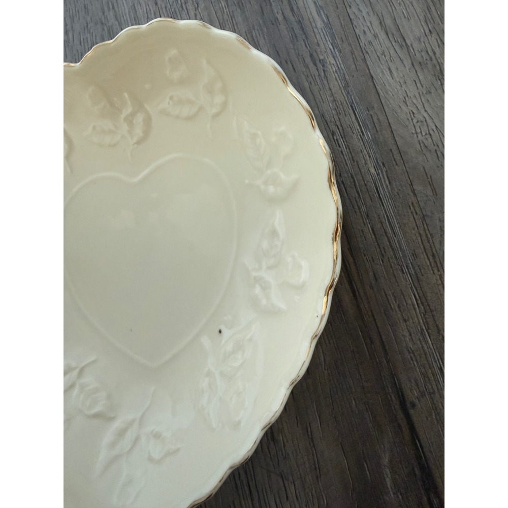 Cream Heart-Shaped Trinket Dish Embossed Roses Gold Trim Romantic Cottage Decor - Picture 6 of 10